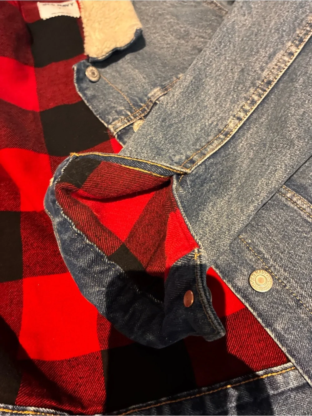 Old Navy Blue Denim Jacket with Cream Sherpa Collar and Red Plaid Lining